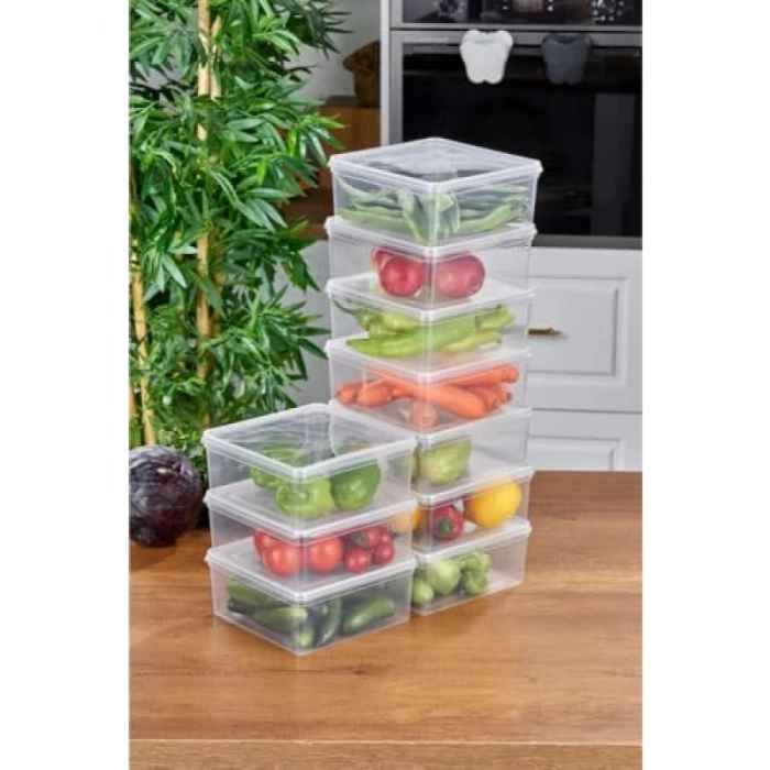 10lu Set - 2500ml Kapasiteli Şeffaf Saklama Kabı - Kendinden Kapaklı