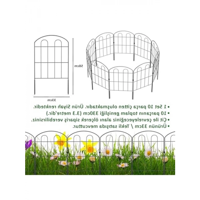 10lu Set Dekoratif Bahçe Çiti, Siyah Renkli Hobi Bahçesi