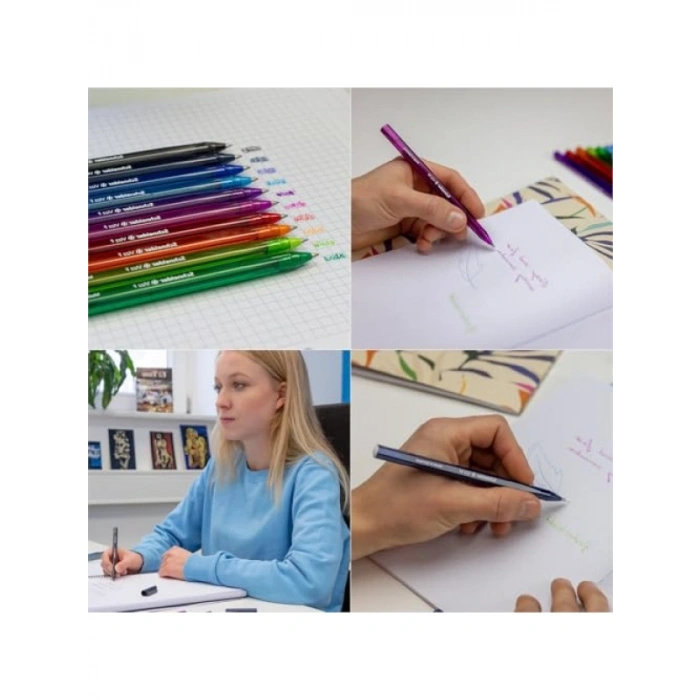 10lu Set Tükenmez Kalem, 1,00 mm Kalınlık, Canlı Renkler