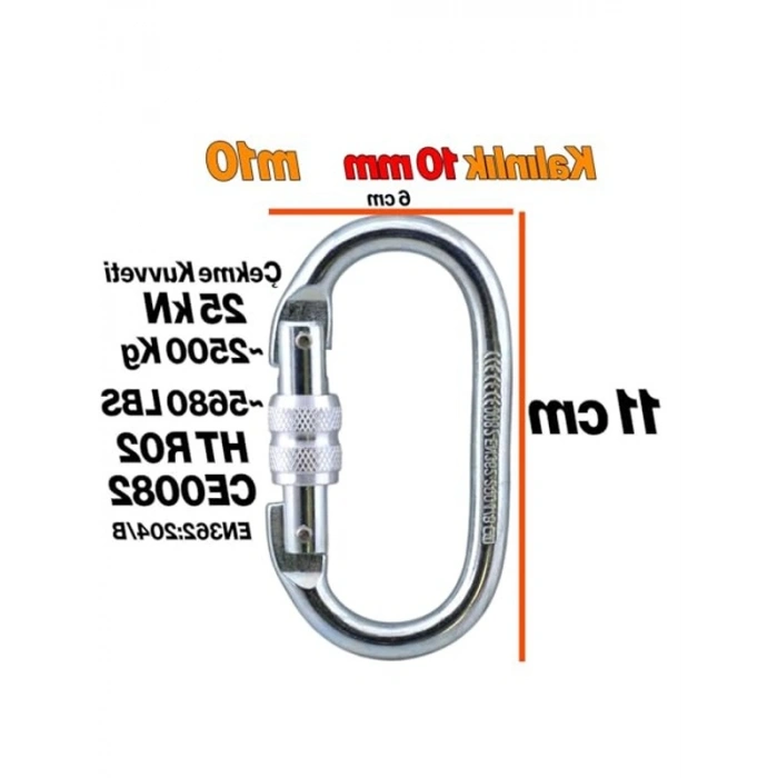 10 mm Kilitli Oval Karabina, Paslanmaz Çelik, Tırmanma İçin Uygun