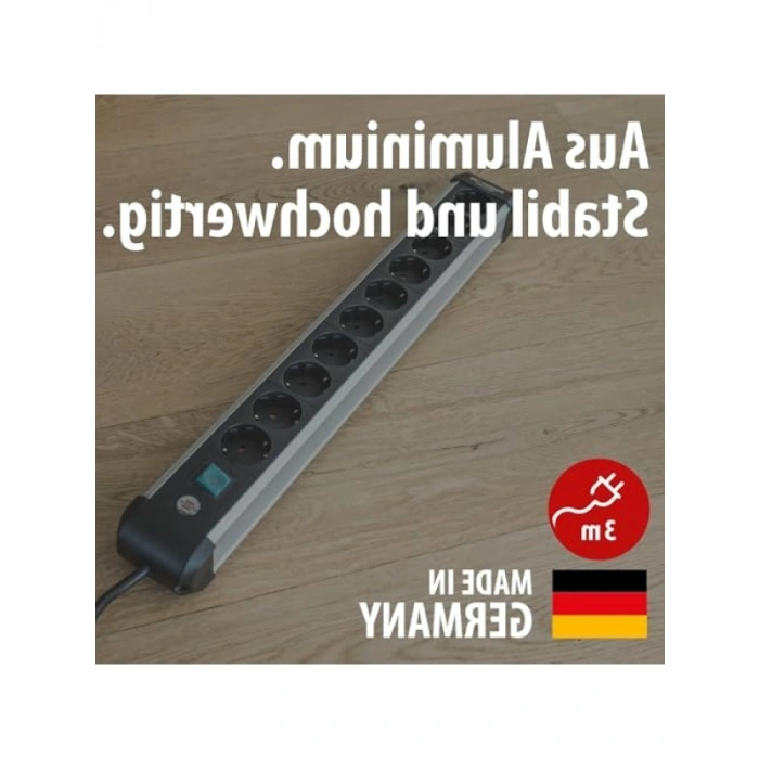 10 Soketli Alüminyum Çoklu Priz, Anahtarlı, 3 m Kablolu