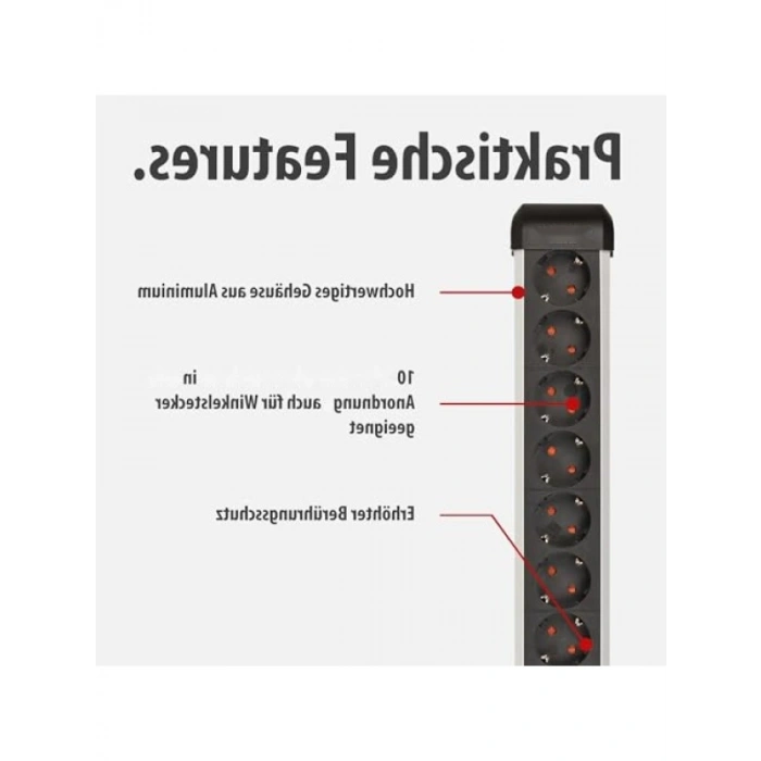 10 Soketli Alüminyum Çoklu Priz, Anahtarlı, 3 m Kablolu