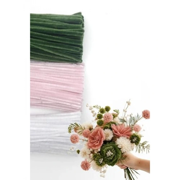 100 Adet Tüylü Tel Şönil - 30 cm Çiçek Yapımında Kullanılabilir Set