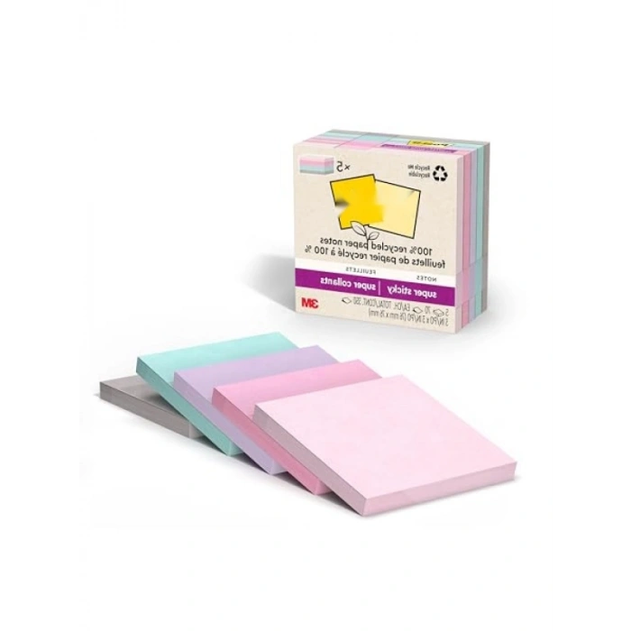 %100 Geri Dönüşümlü Süper Yapışkan Notlar - 3x3 inç, 5 Ped