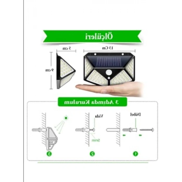 100 LED Hareket Sensörlü Solar Bahçe Lambası, 13x9x5 cm