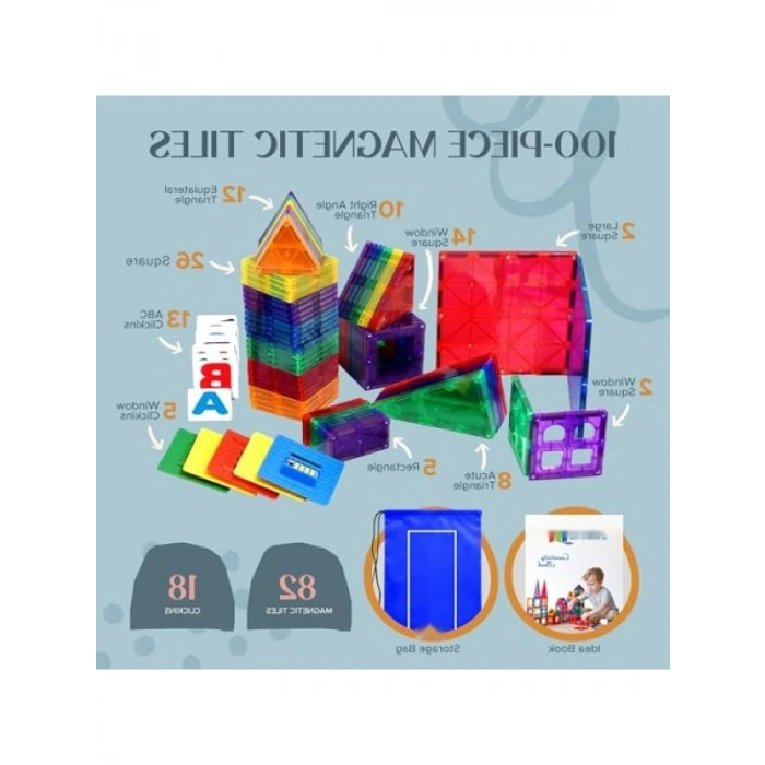 100 Parça Manyetik Yapı Taşları Seti - 1-5 Yaş Arası Çocuklar için STEM Eğitici Oyuncak