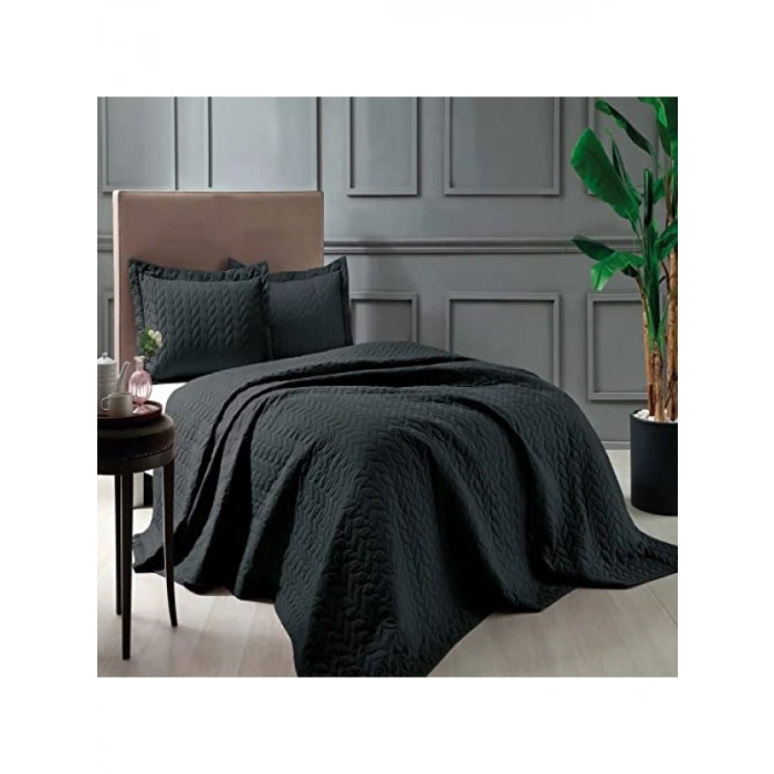 %100 Polyester Çift Kişilik Yatak Örtüsü Seti - Siyah
