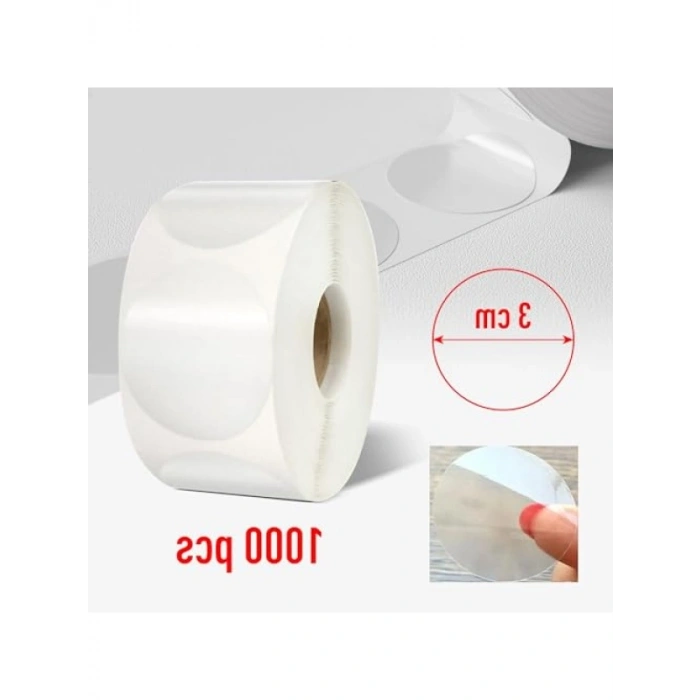 1000 Adet Şeffaf Yuvarlak Paketleme Etiketi - 3 cm Çapında