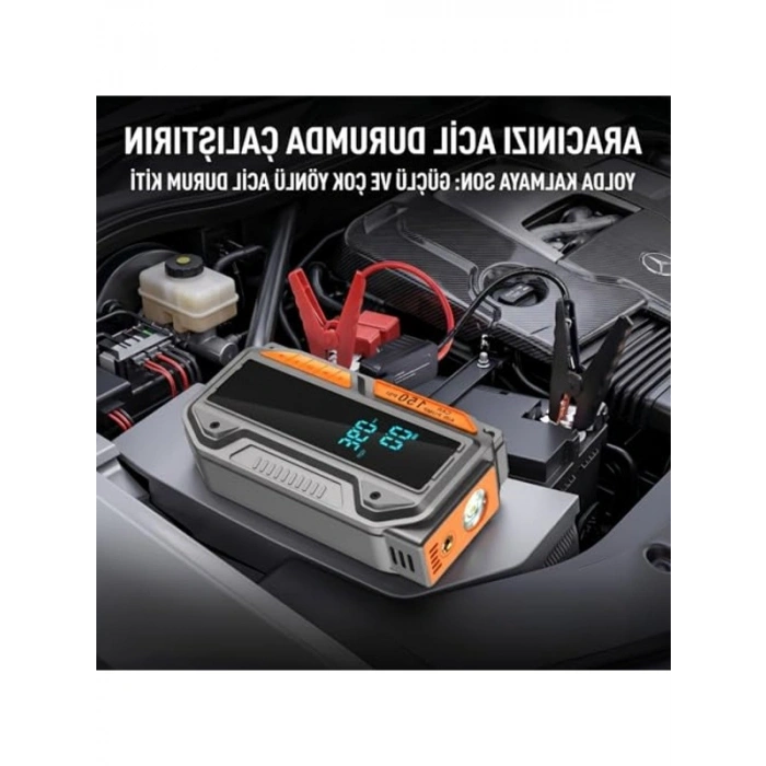 10.000mAh Kapasiteli Araç Akü Takviyesi, 1000A Tepe Akımı, Hava Kompresörü ile