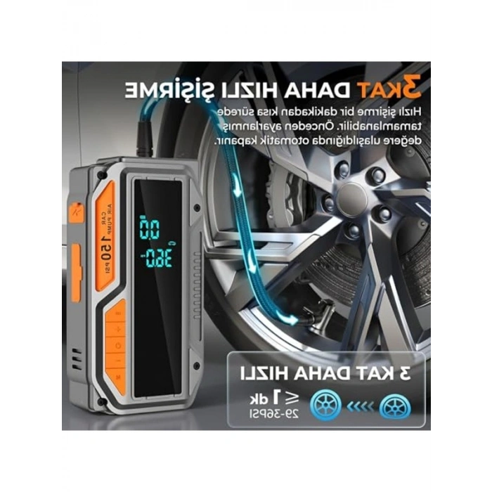 10.000mAh Kapasiteli Araç Akü Takviyesi, 1000A Tepe Akımı, Hava Kompresörü ile