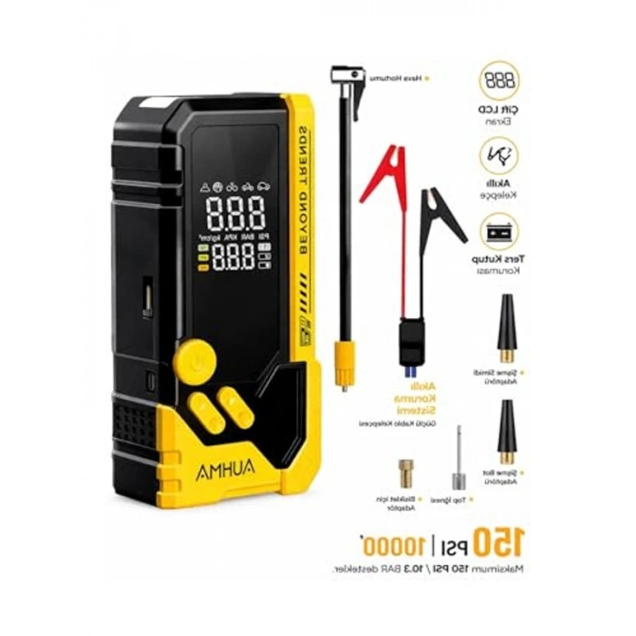 10000mAh Taşınabilir Akü ve Hava Kompresörü, LED Fenerli