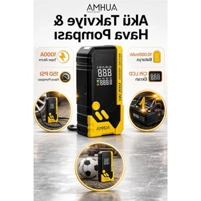 10000mAh Taşınabilir Akü ve Hava Kompresörü, LED Fenerli