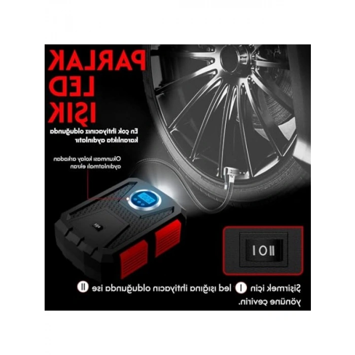 100W Kablolu Led Işıklı Hava Kompresörü, Araç ve Bisiklet İçin