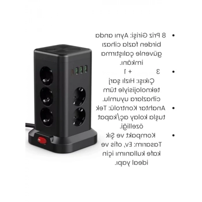 11’li Akım Korumalı Priz Kulesi | 3 USB-A + 1 Type-C, Hızlı Şarj, 3680W Güç