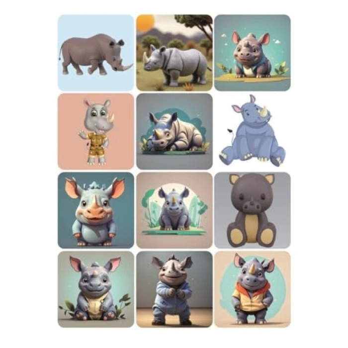 12 Adet Renkli Gergedan Temalı Sticker Seti