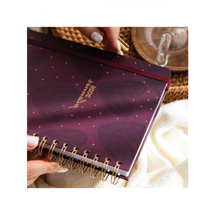 12 Aylık Haftalık Ajanda - Bordo Kalp Desenli