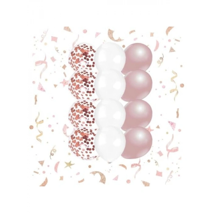 12 İnç Rose Gold Beyaz Konfetili Balon Seti (10 Adet)