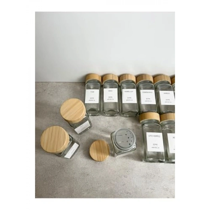 12li Bambu Kapaklı Kare Cam Baharatlık Seti