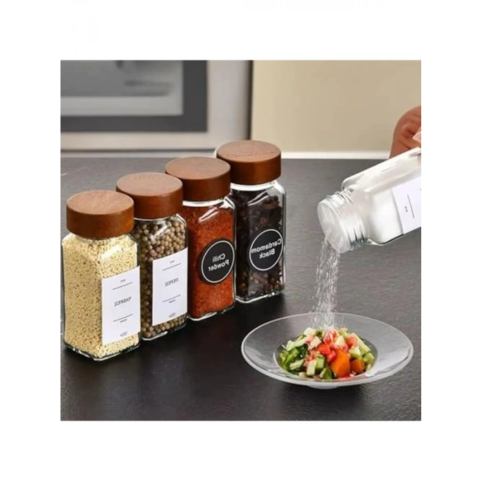 12li Bambu ve Akasya Kapaklı Cam Baharatlık Seti, 120 ml