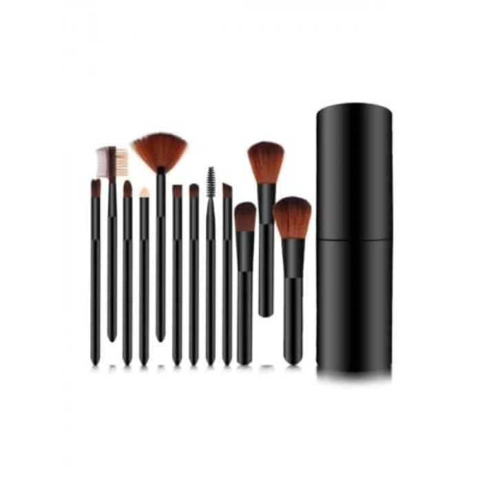 12li Kırılabilir Makyaj Fırça Seti - Siyah Silindir