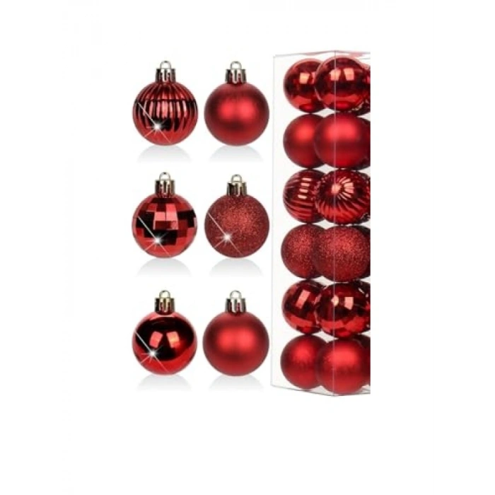 12li Kırmızı Yılbaşı Topu Seti, 3 cm, Noel Ağacı Süsleri