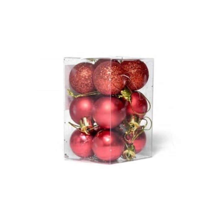 12li Kırmızı Yılbaşı Topu Seti, 3 cm, Noel Ağacı Süsleri