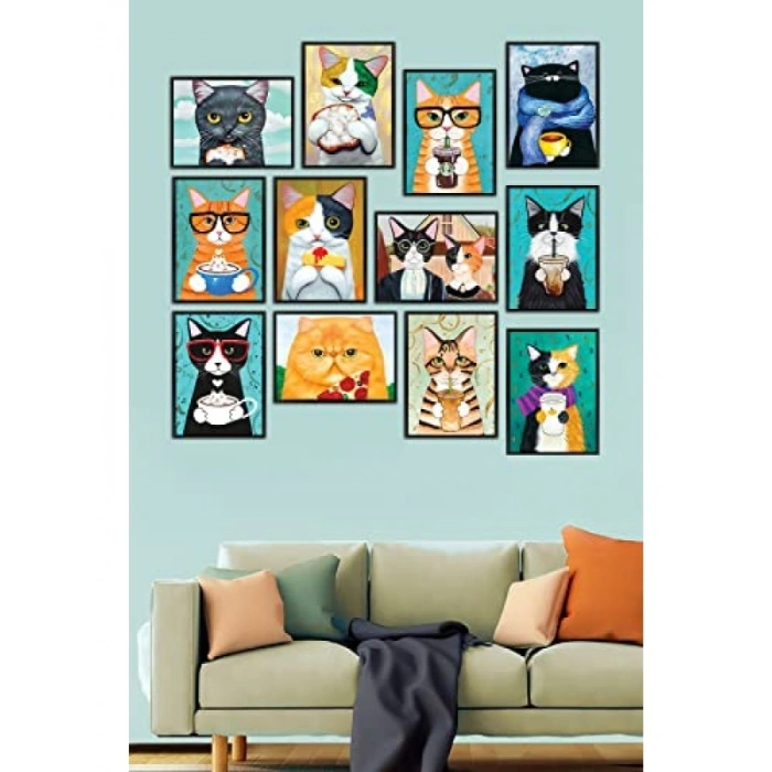 12 Parça Kedili MDF Tablo Seti - Çerçevesiz Tasarım