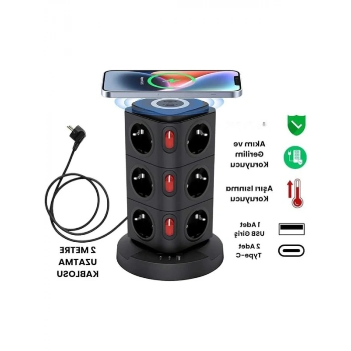 12 Prizli Akım Korumalı Masa Üstü Priz - 4 USB Girişi ile