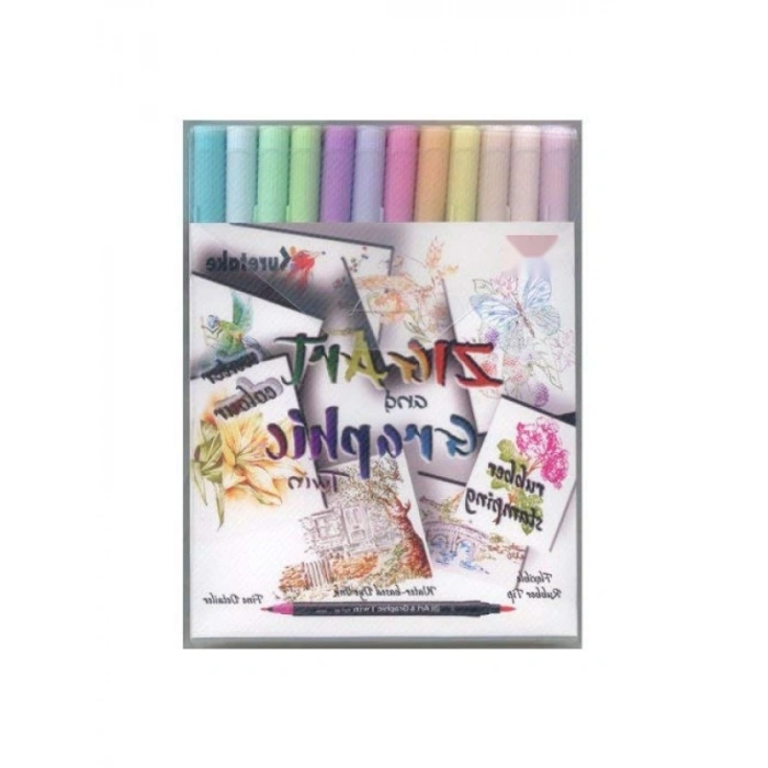 12 Renk Su Bazlı Pastel Marker Seti - İnce ve Fırça Ucu