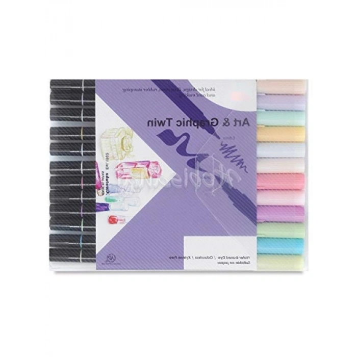 12 Renk Su Bazlı Pastel Marker Seti - İnce ve Fırça Ucu