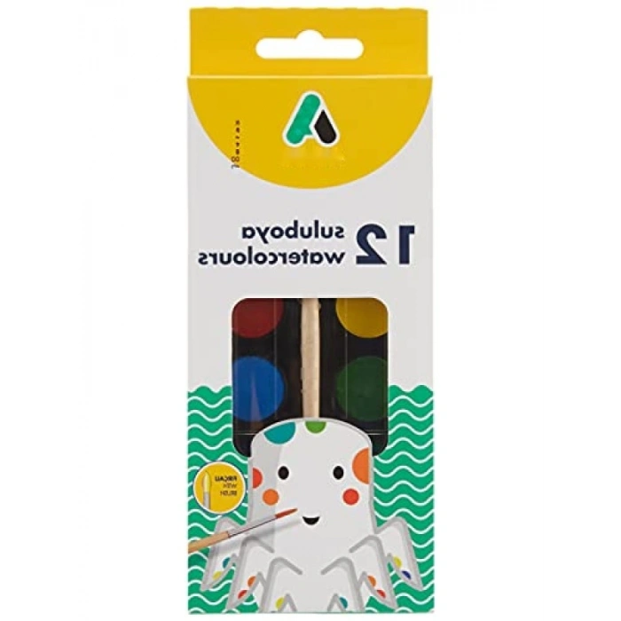 12 Renkli Suluboya Seti, 24 mm Tablet, Fırça Dahil