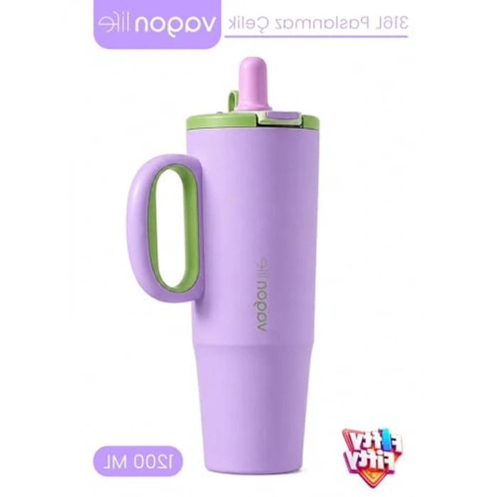 1200 ML kapasiteli paslanmaz çelik termos, pipetli ve kulplu tasarım