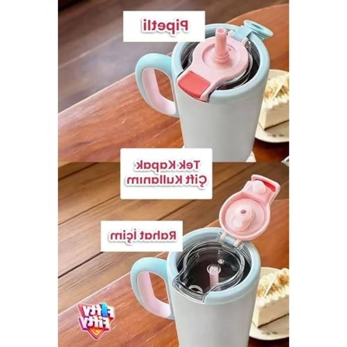 1200 ML kapasiteli paslanmaz çelik termos, pipetli ve kulplu tasarım
