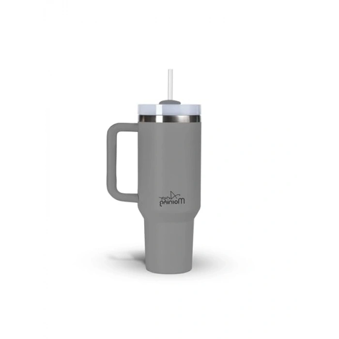 1200 ml Kapasiteli Termos Mug, 3 Kademeli Çevirmeli Kapak, Gri