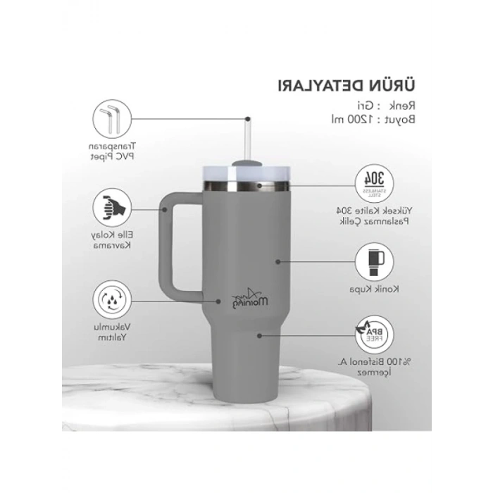 1200 ml Kapasiteli Termos Mug, 3 Kademeli Çevirmeli Kapak, Gri