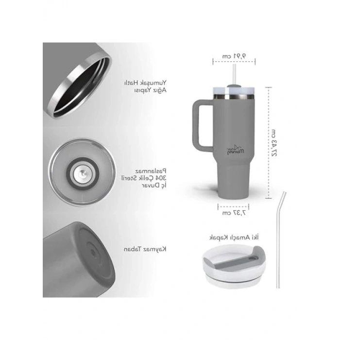 1200 ml Kapasiteli Termos Mug, 3 Kademeli Çevirmeli Kapak, Gri