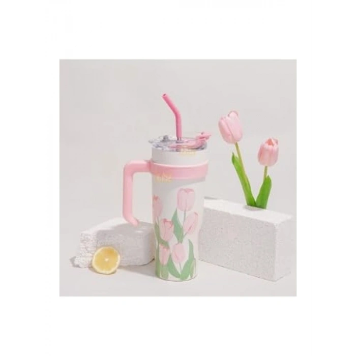 1200ml Pembe Lale Desenli Paslanmaz Çelik Termos