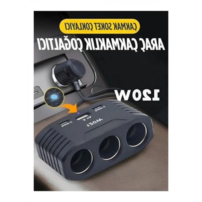 120W Çakmak Soketi, 3lü Araç Çoğaltıcı ile 2 USB ve 1 Type-C Girişi