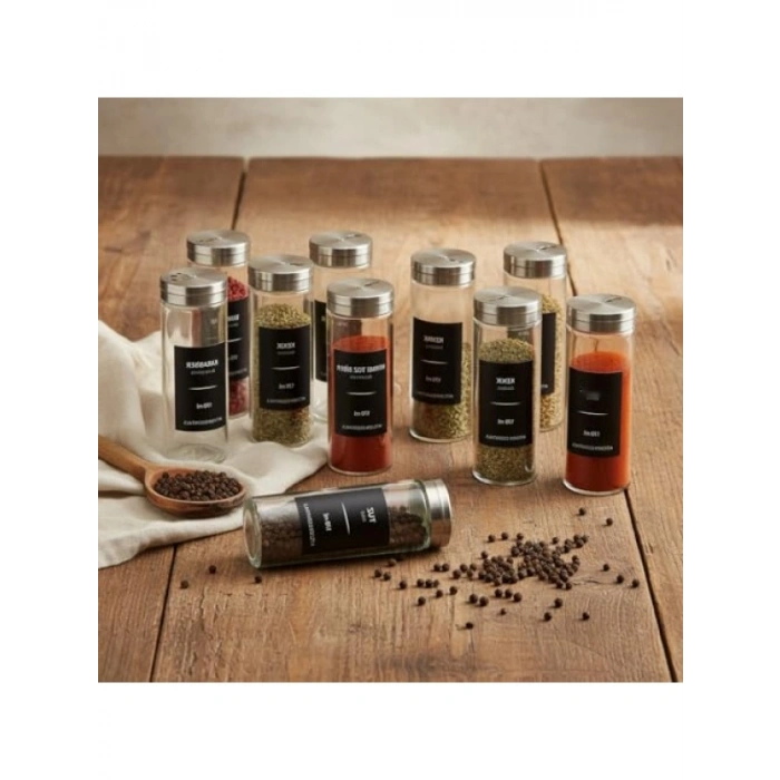 12’li Metal Kapaklı Cam Baharatlık Seti, Etiket Hediyeli