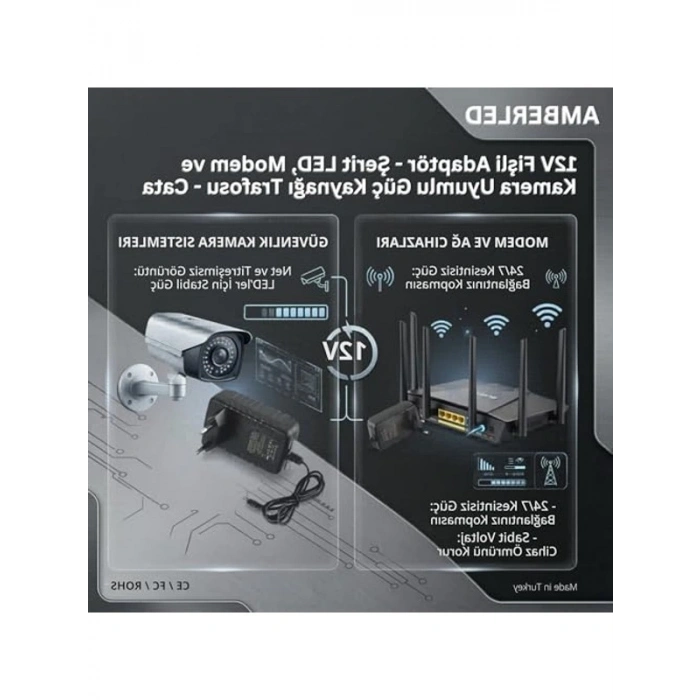 12V Güç Adaptörü, 5 Amper 60 Watt, LED Şerit ve Modemler için Uygun