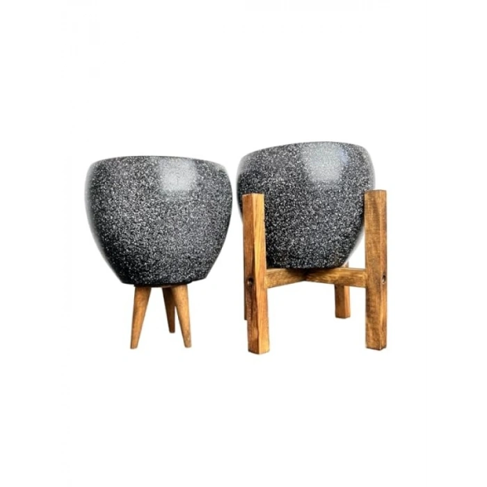 15 cm Siyah Granit Toprak Saksı İkili Set, 3 ve 4 Ayaklı