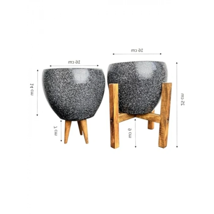 15 cm Siyah Granit Toprak Saksı İkili Set, 3 ve 4 Ayaklı