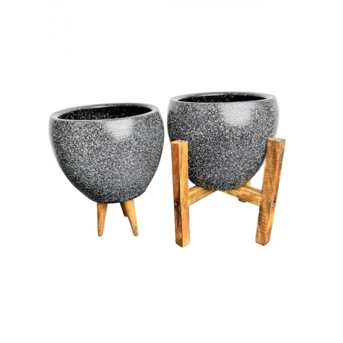 15 cm Siyah Granit Toprak Saksı İkili Set, 3 ve 4 Ayaklı