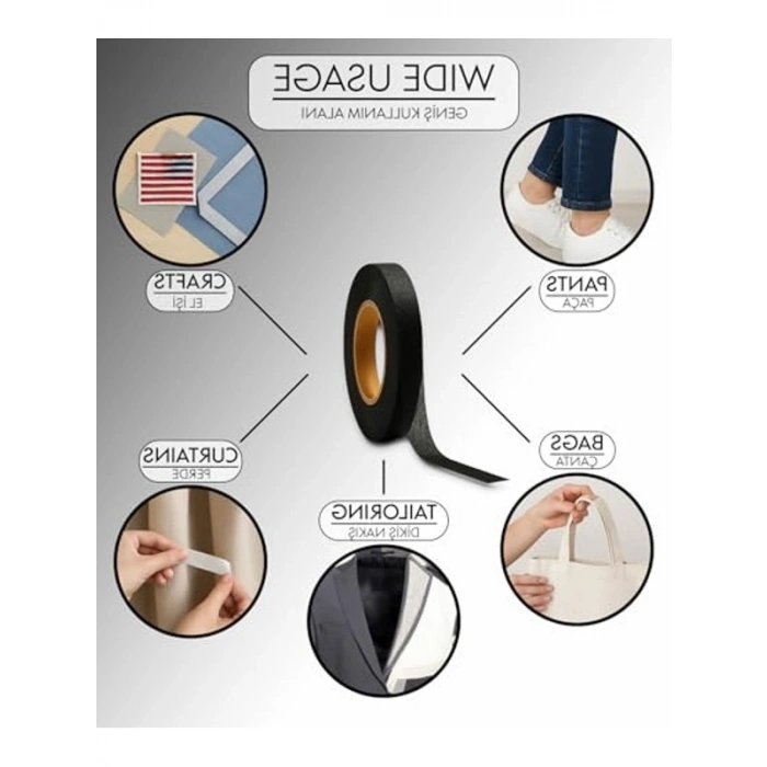 1.5 cm x 100 m Çift Taraflı Yapışkan Tela, Siyah Renk