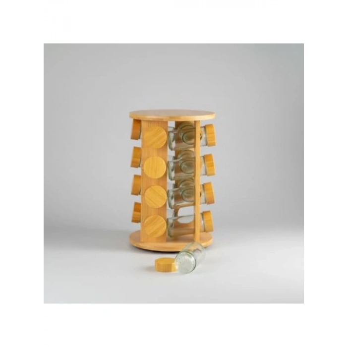 16lı Döner Bambu Baharatlık Seti, 360° Dönebilen Tasarım