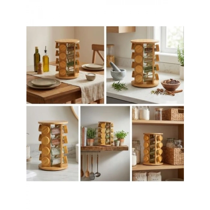 16lı Döner Bambu Baharatlık Seti, 360° Dönebilen Tasarım
