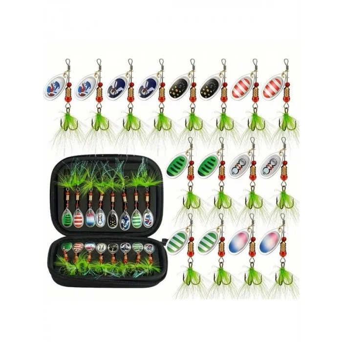 16 Parça Tüylü Spinner Kaşık Yem Seti, Kutulu Balıkçılık