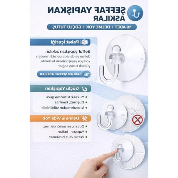 16’lı Şeffaf Vantuzlu Kanca Seti - İz Bırakmayan Askı Aparatı
