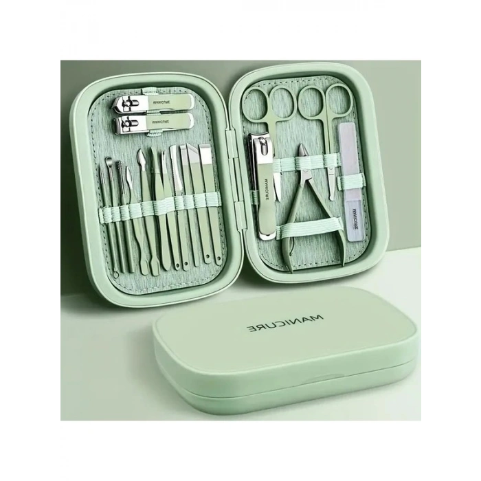 18 parça özel kutudaki paslanmaz çelik manikür seti, su yeşili