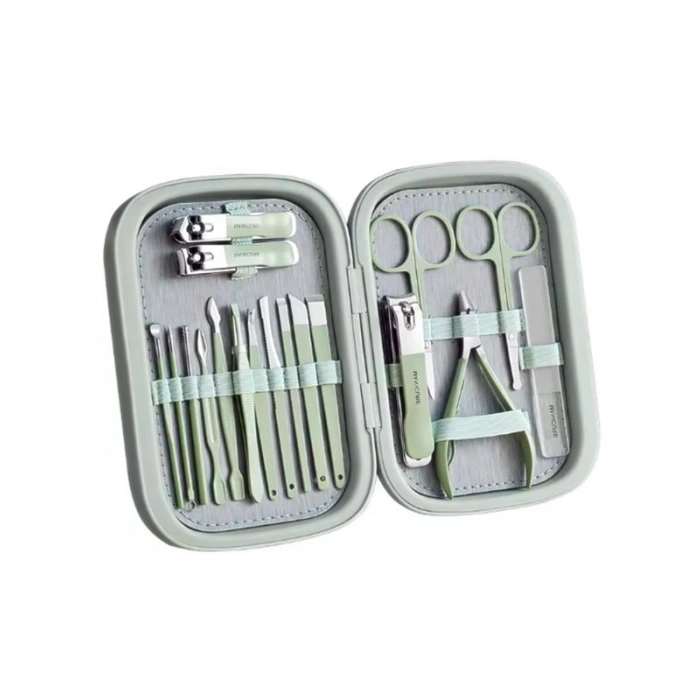 18 parça özel kutudaki paslanmaz çelik manikür seti, su yeşili